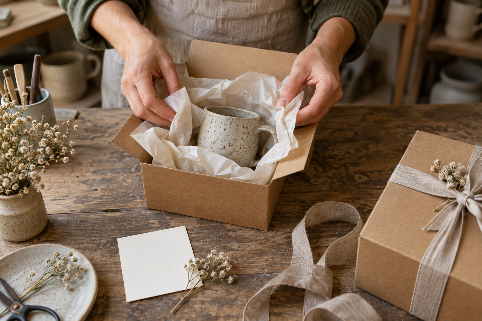 Ein Keramikbecher wird sorgfältig verpackt